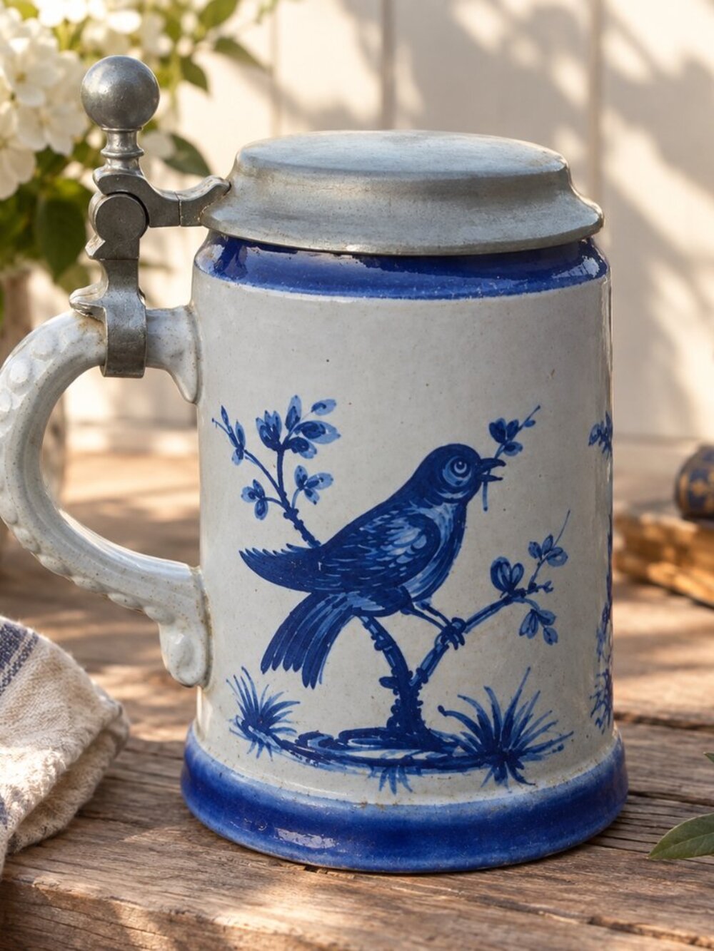 VTG 🇩🇪 Marzi & Remy Cobalt Bird & Rearing Horse Beer Stein – Pewter Lid 6"